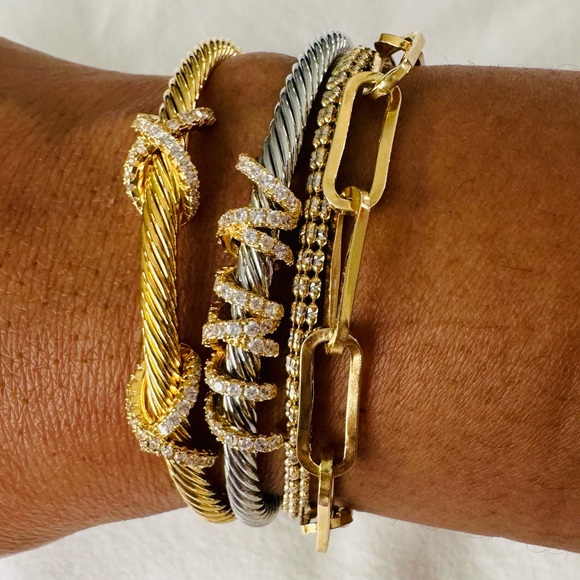 Luxury Gold-Tone Cuff Bracelet with Sparkling Simulated Diamonds - Picture 8 of 11